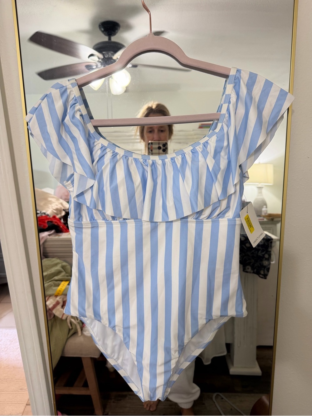 Gibson Latimer Sky Blue and White Striped Ruffle One-Piece